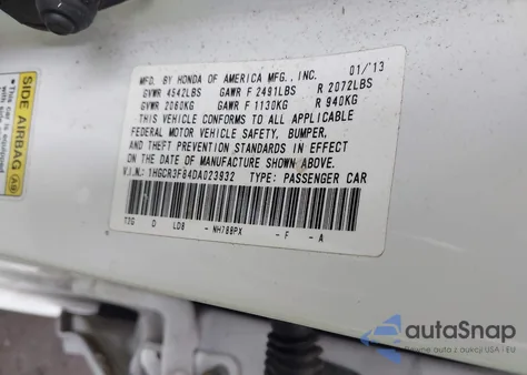 2013 Honda Accord Ex-L V-6 from USA, damaged, VIN 1HGCR3F84DA023932